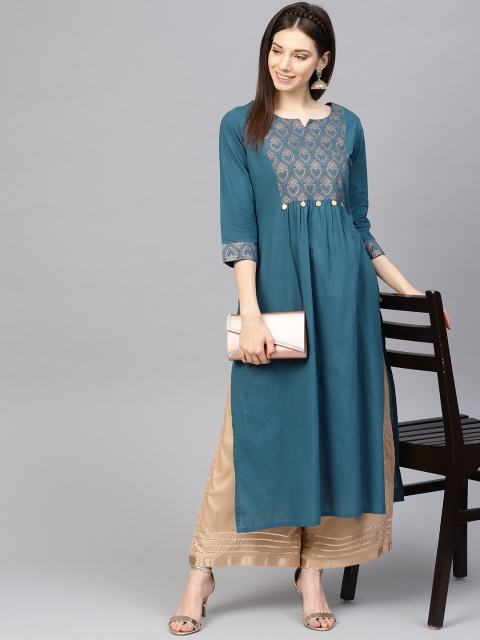 

Varanga Women Teal Blue & Beige Yoke Design Kurta with Palazzos