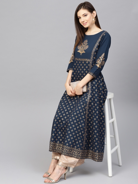 

Varanga Women Navy Blue & Beige Printed Kurta with Palazzos