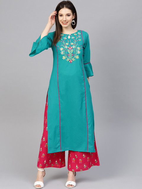 

Varanga Women Green & Pink Yoke Design Kurta with Palazzos