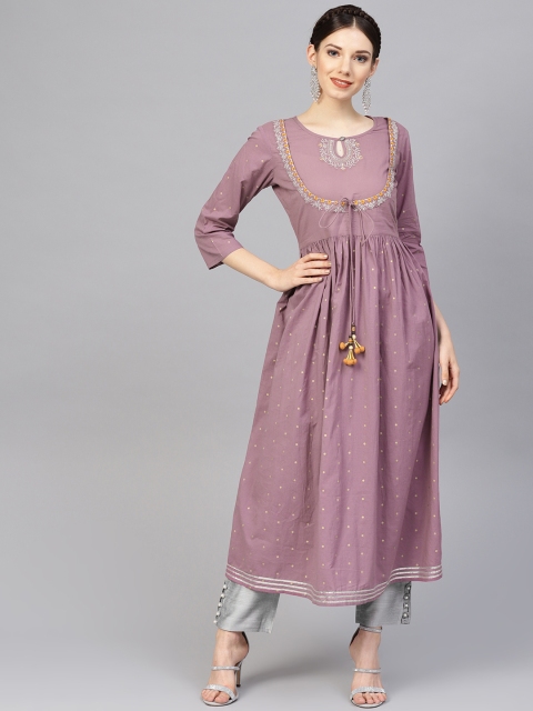 

Varanga Women Mauve & Grey Foil Print Kurta with Trousers