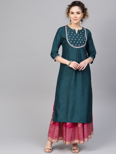 

Varanga Women Teal Blue & Magenta Zari Embroidered Yoke Design Kurta with Skirt