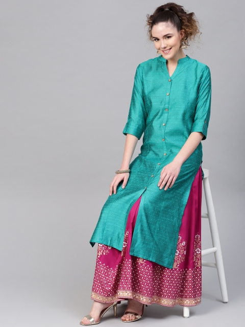 

Varanga Women Green & Magenta Handloom Self Design Kurta with Skirt