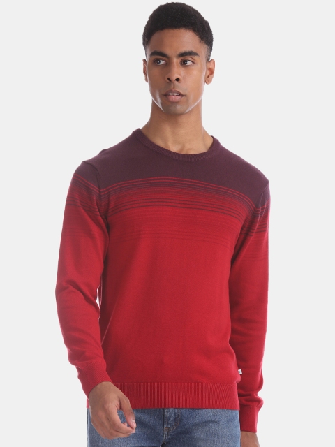 

Aeropostale Men Red & Aubergine Striped Pullover Sweater