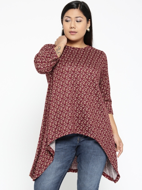

aLL Plus Size Women Maroon Off-White Longline Leaf Print High-Low Top