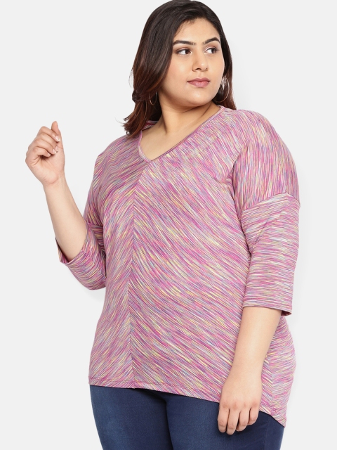 

aLL Plus Size Women Purple Yellow Striped High-Low Top