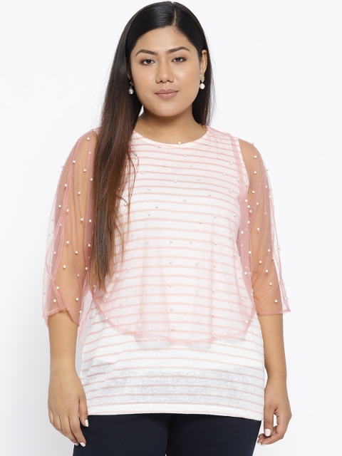 

aLL Plus Size Women White Peach-Coloured Striped Layered Top