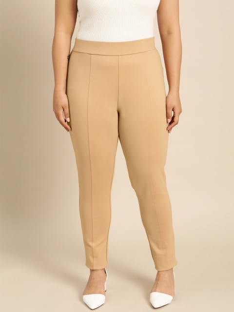 

aLL Plus Size Women Beige Solid Treggings