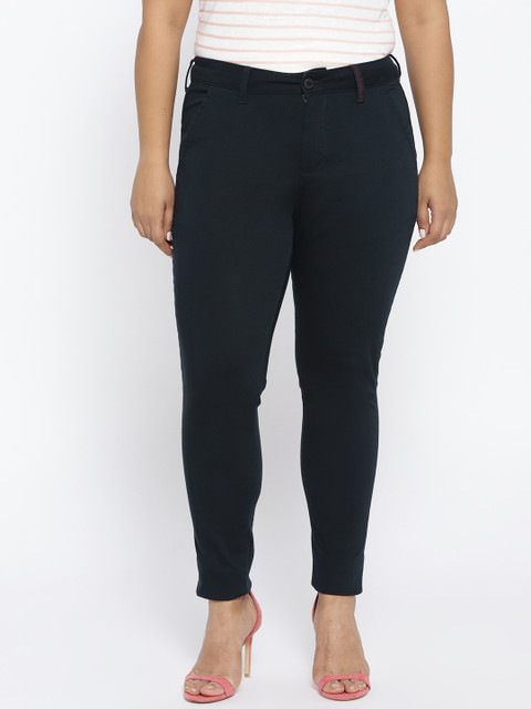 

aLL Plus Size Women Navy Blue Solid Trousers