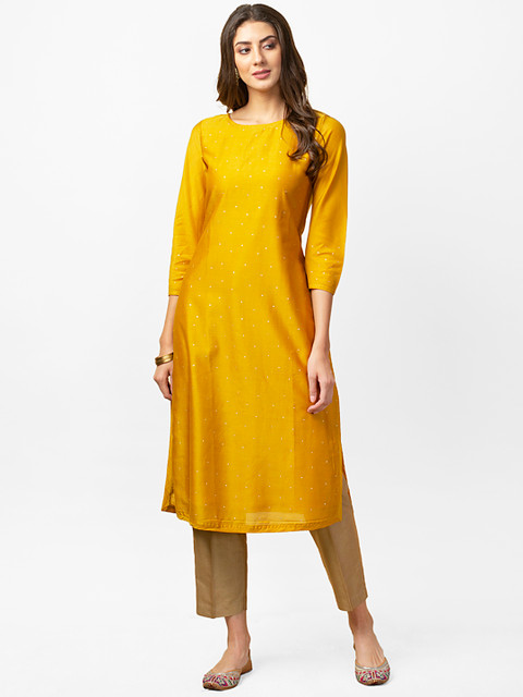 

Fabindia Women Mustard Yellow & Golden Slim Fit Printed Straight Kurta