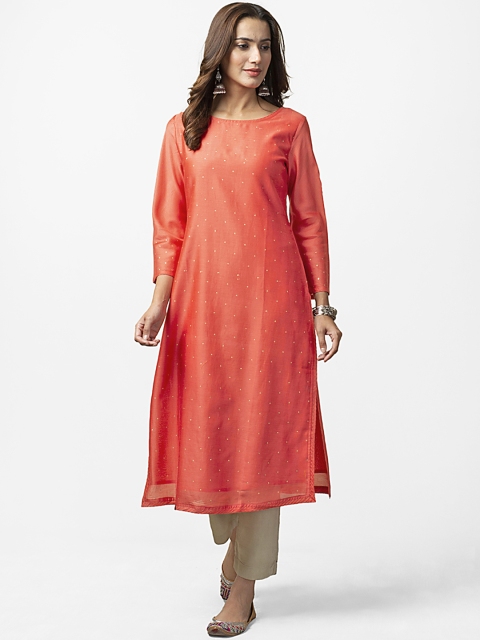 

Fabindia Women Coral Red Slim Fit Printed Straight Kurta