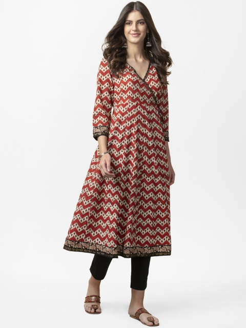 

Fabindia Women Rust Red & Beige Bagru Print A-Line Angarkha Kurta