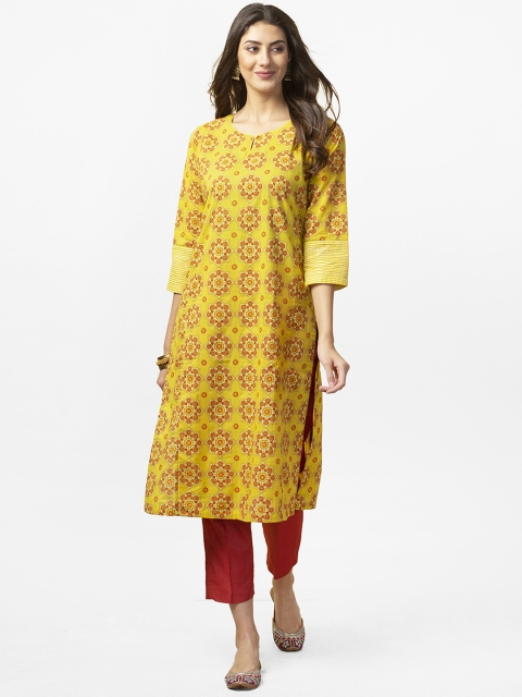 

Fabindia Women Mustard Yellow & Red Floral Print Straight Kurta