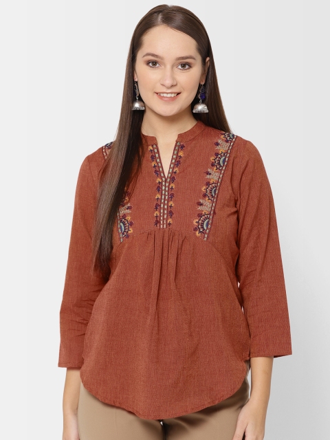 

Fabindia Women Rust Brown Yoke Design A-Line Kurti