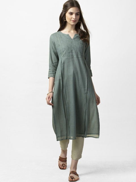 

Fabindia Women Green Yoke Design A-Line Kurta