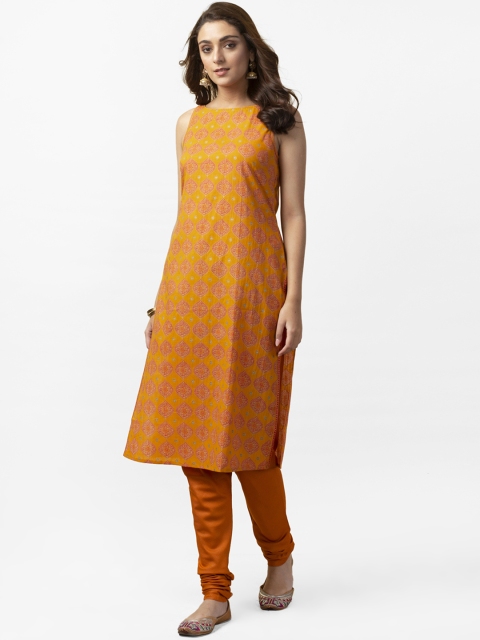 

Fabindia Women Mustard Yellow & Pink Printed Straight Kurta