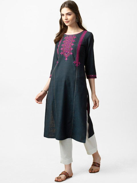 

Fabindia Women Navy Blue & Pink Hand Embroidered Straight Kurta