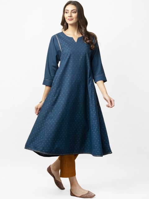 

Fabindia Women Teal Blue & Golden Handblock Print A-Line Kurta