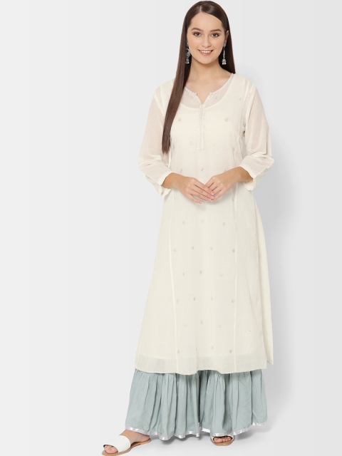 

Fabindia Women Off-White & Silver Embroidered A-Line Kurta