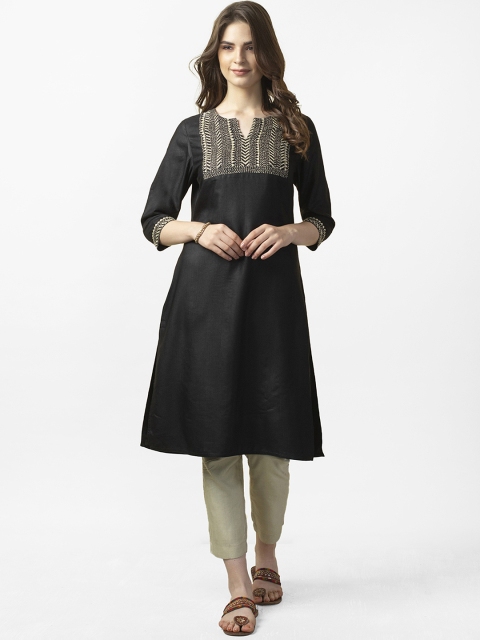 

Fabindia Women Black Handloom Yoke Design Straight Kurta