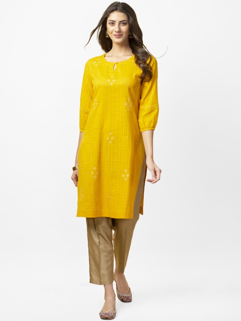 

Fabindia Women Mustard Yellow Dobby Woven Design Straight Kurta