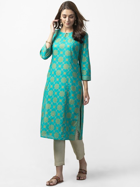 

Fabindia Women Turquoise Blue & Golden Printed Straight Kurta