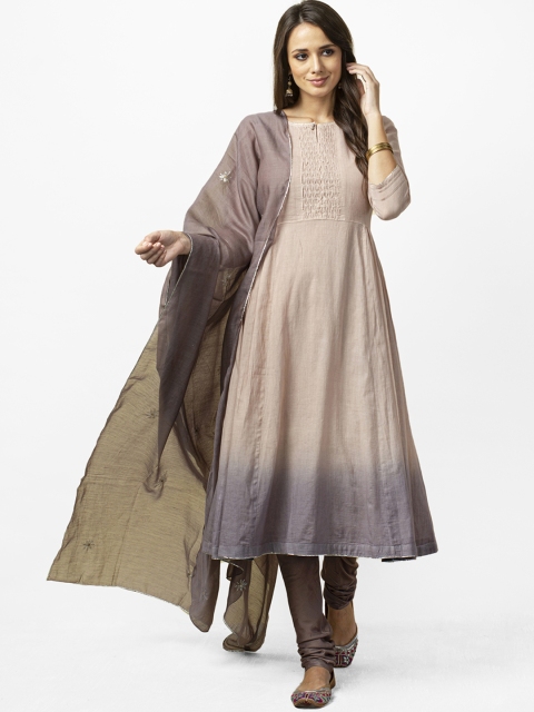 

Fabindia Women Beige & Taupe Yoke Design Kurta with Churidar & Dupatta