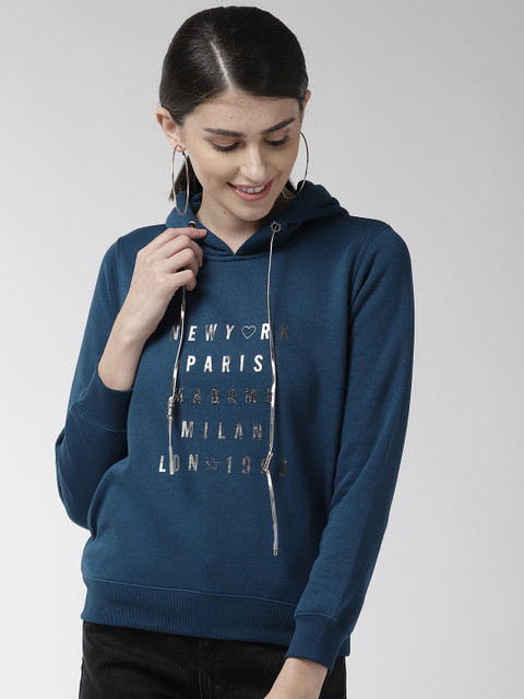 

Madame Women Teal Blue Printed Hooded Sweatshirt