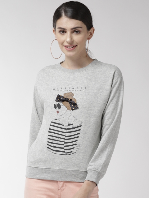 

Madame Women Grey Melange & Black Printed Sweatshirt