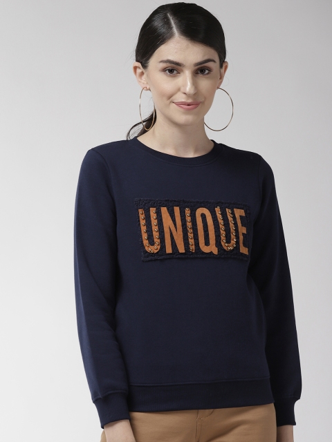 

Madame Women Navy Blue & Mustard Brown Printed Sweatshirt