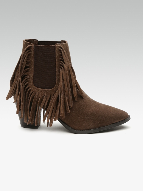

Street Style Store Women Brown Solid Mid-Top Fringed Heeled Boots