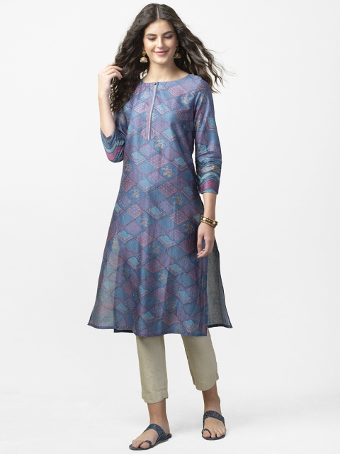 

Fabindia Women Blue & Pink Handloom Hand Block Print A-Line Kurta