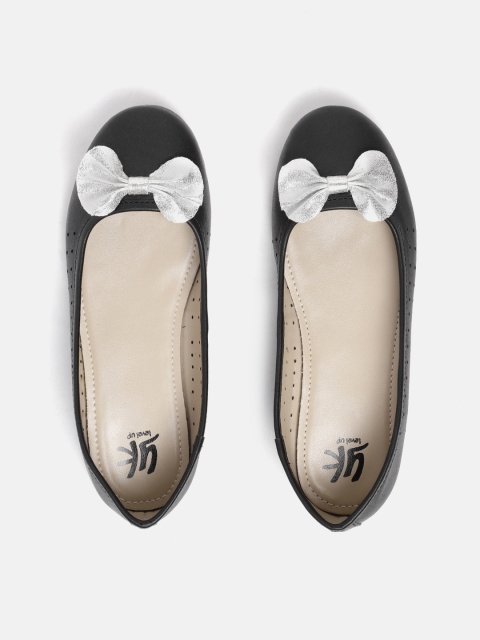 

YK Girls Black & Silver-Toned Laser Cuts Ballerinas with Bow Detail