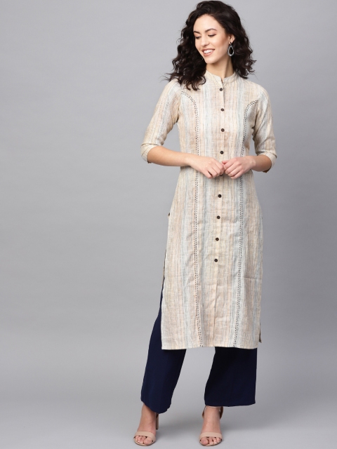 

Azira Women Off-White & Yellow Handloom Self-Striped Straight Kurta