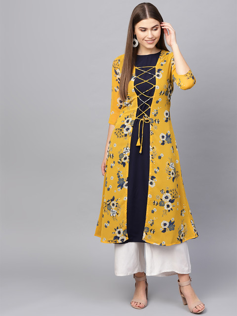 

Azira Women Mustard & Navy Blue Printed Layered A-Line Kurta
