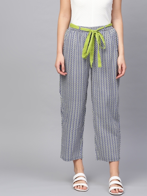 

Azira Women White & Blue Printed Straight Palazzos