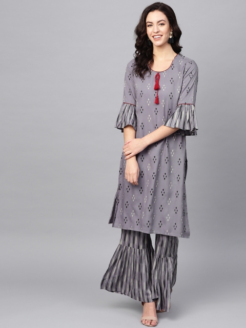 

Azira Women Grey & Black Printed Kurta with Sharara