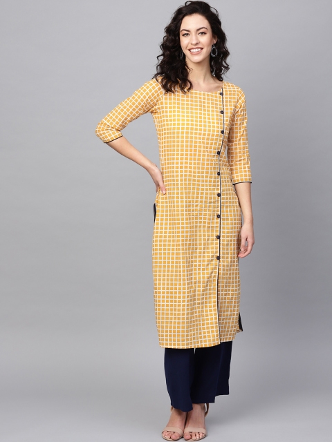 

Azira Women Mustard Yellow & White Checked Straight Kurta