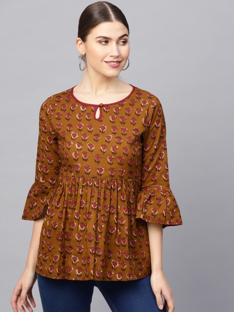 

Azira Women Mustard Brown & Maroon Printed Empire Top