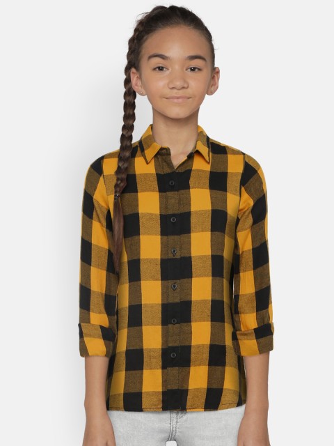 

Zalza Girls Yellow & Black Gashi Regular Fit Checked Organic Cotton Casual Shirt