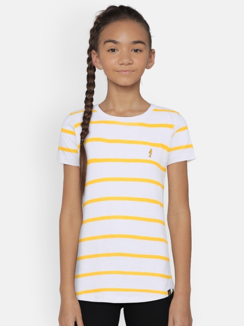 

Zalza Girls White & Yellow Striped Juno Round Neck Organic Cotton T-shirt