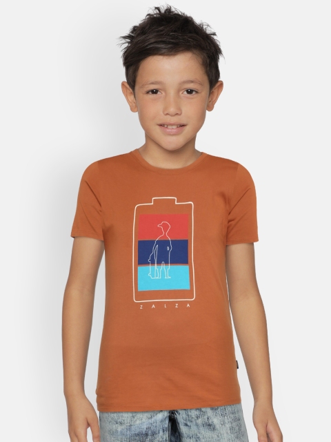 

Zalza Boys Rust Red Printed Round Neck T-shirt