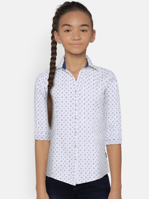 

Zalza Girls White & Navy Blue Keina Regular Fit Printed Organic Cotton Casual Shirt