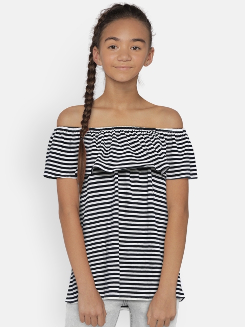 

Zalza Girls White & Navy Blue Striped Bardot Top