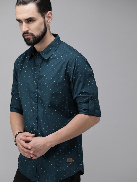 Men Teal Blue Regular Fit Printed Sustainable Casual Shirt