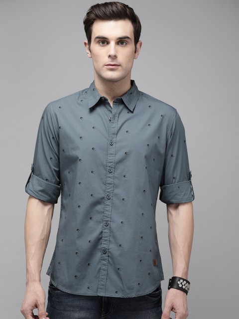 

The Roadster Lifestyle Co Men Teal Grey Regular Fit Printed Casual Shirt