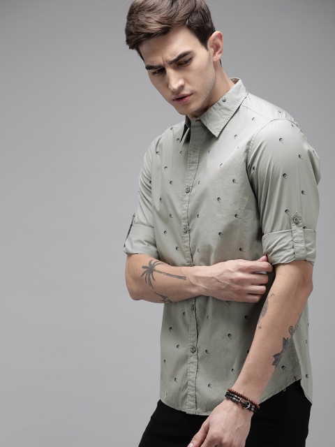 Men Grey Printed Regular Fit Casual Sustainable Shirt