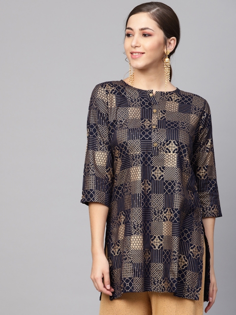 

Anubhutee Women Navy Blue & Golden Foil Print Straight Kurti