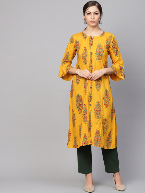 

Anubhutee Women Mustard Yellow & Green Floral Print A-Line Kurta