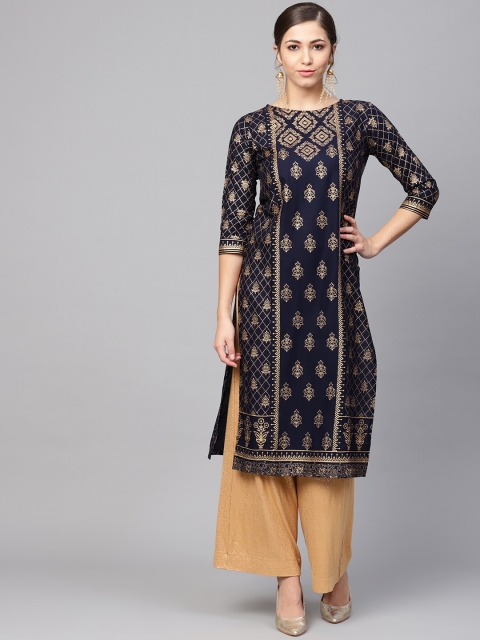 

Anubhutee Women Navy Blue & Golden Foil Printed Straight Kurta