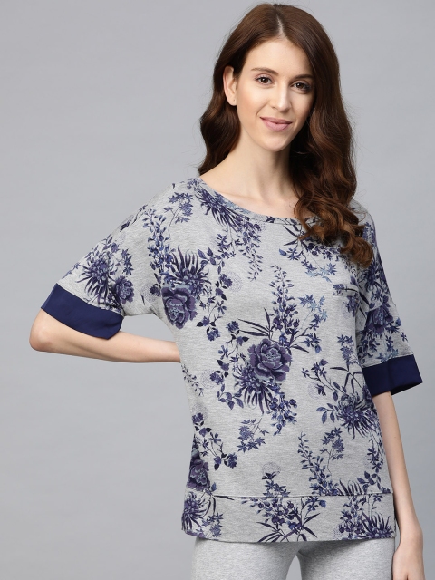 

Marks & Spencer Women Grey Melange & Navy Blue Floral Printed Lounge Top